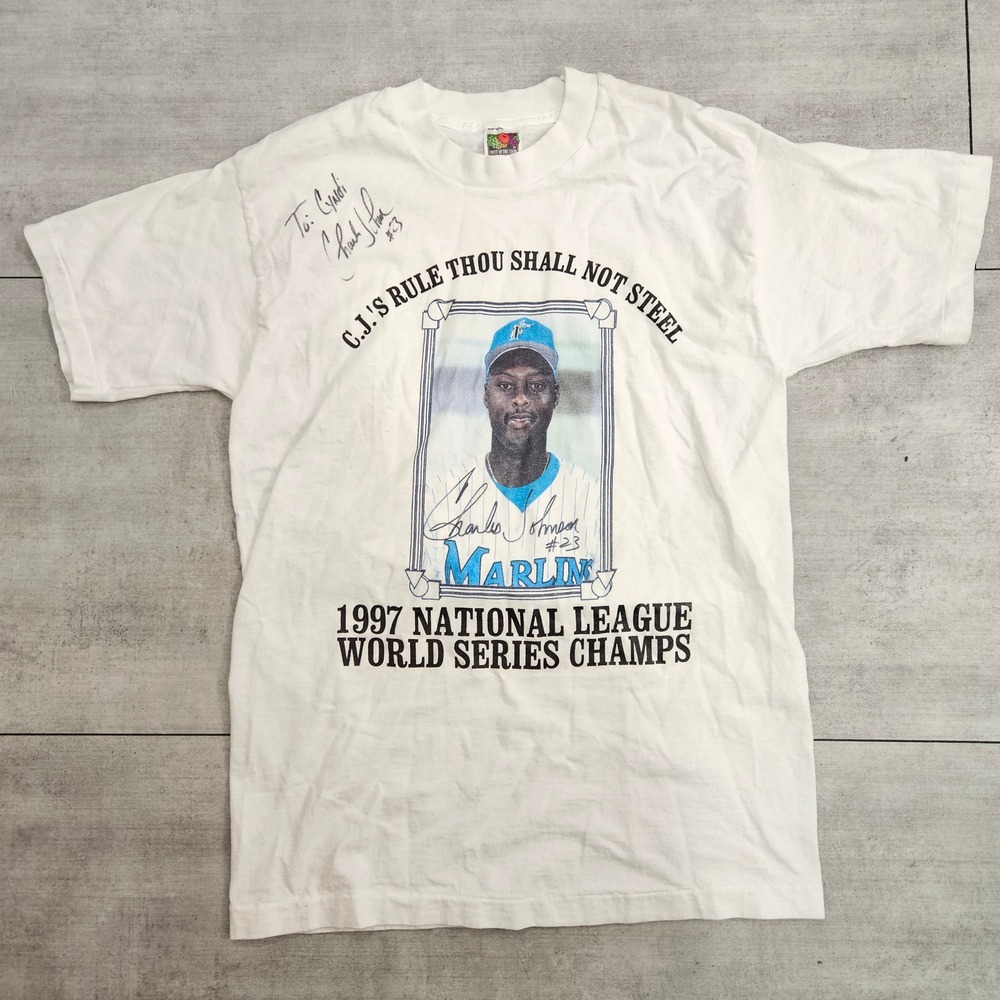 Vintage 1997 Florida Marlins World Series Charles Johnson Signed T-Shirt White M